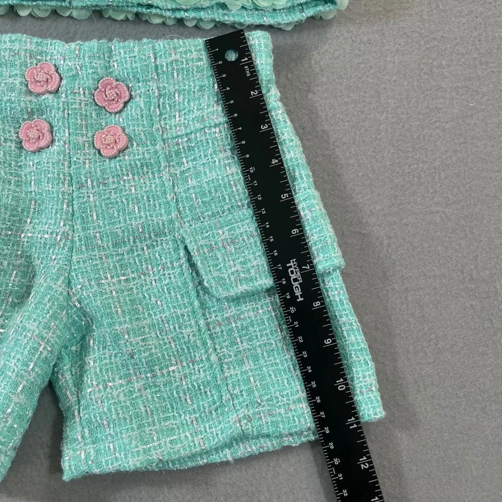 Mia Belle Girls Mint Green Tweed 2 Piece Set Rosette Trim Shorts Jacket Size 7/8